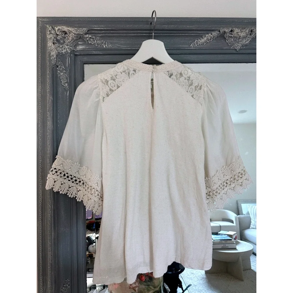 Anthropologie Feather Bone White Armana Lace Trim Crochet Puff Sleeve Blouse XS